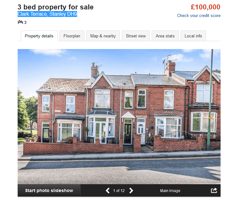 £100000 house for sale in north east England